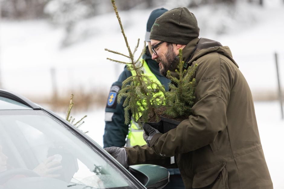 Policininkai su miškininkais vairuotojams dovanos eglutes