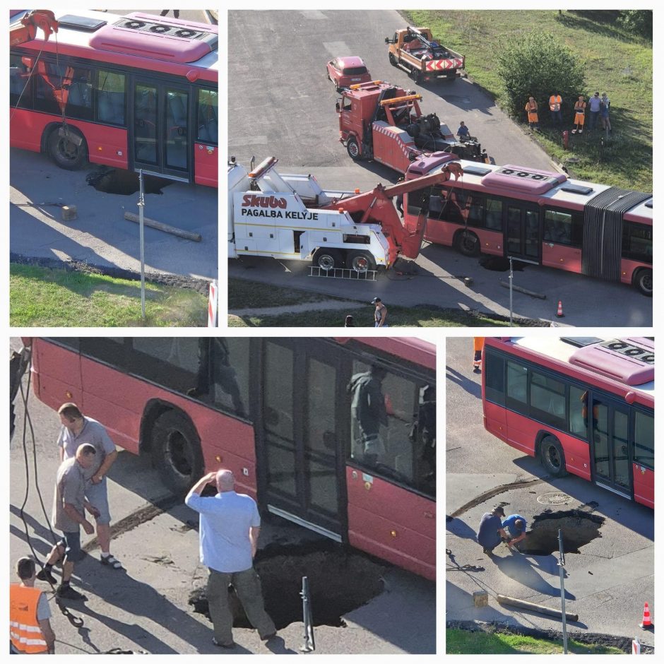 Sostinėje atsivėrusioje įgriuvoje įstrigo autobusas